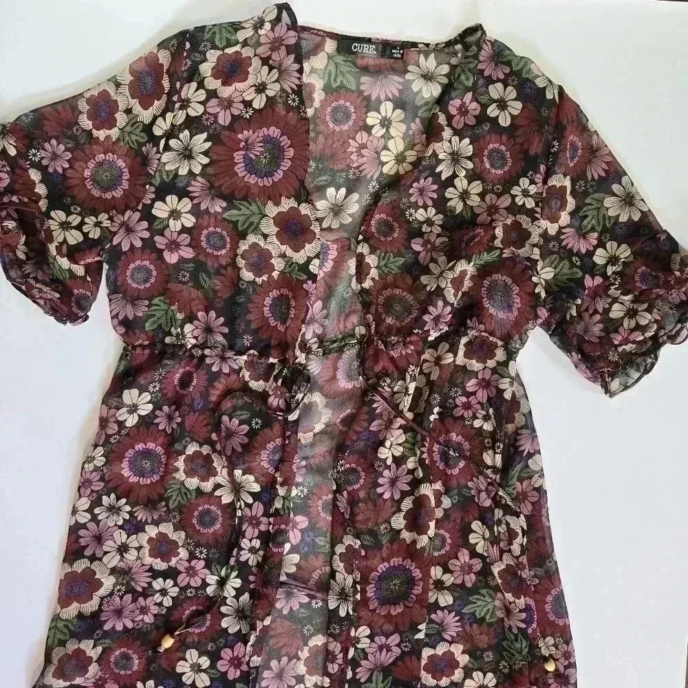 Boho 70s floral sheer cover up robe size Large - Picture 3 of 9
